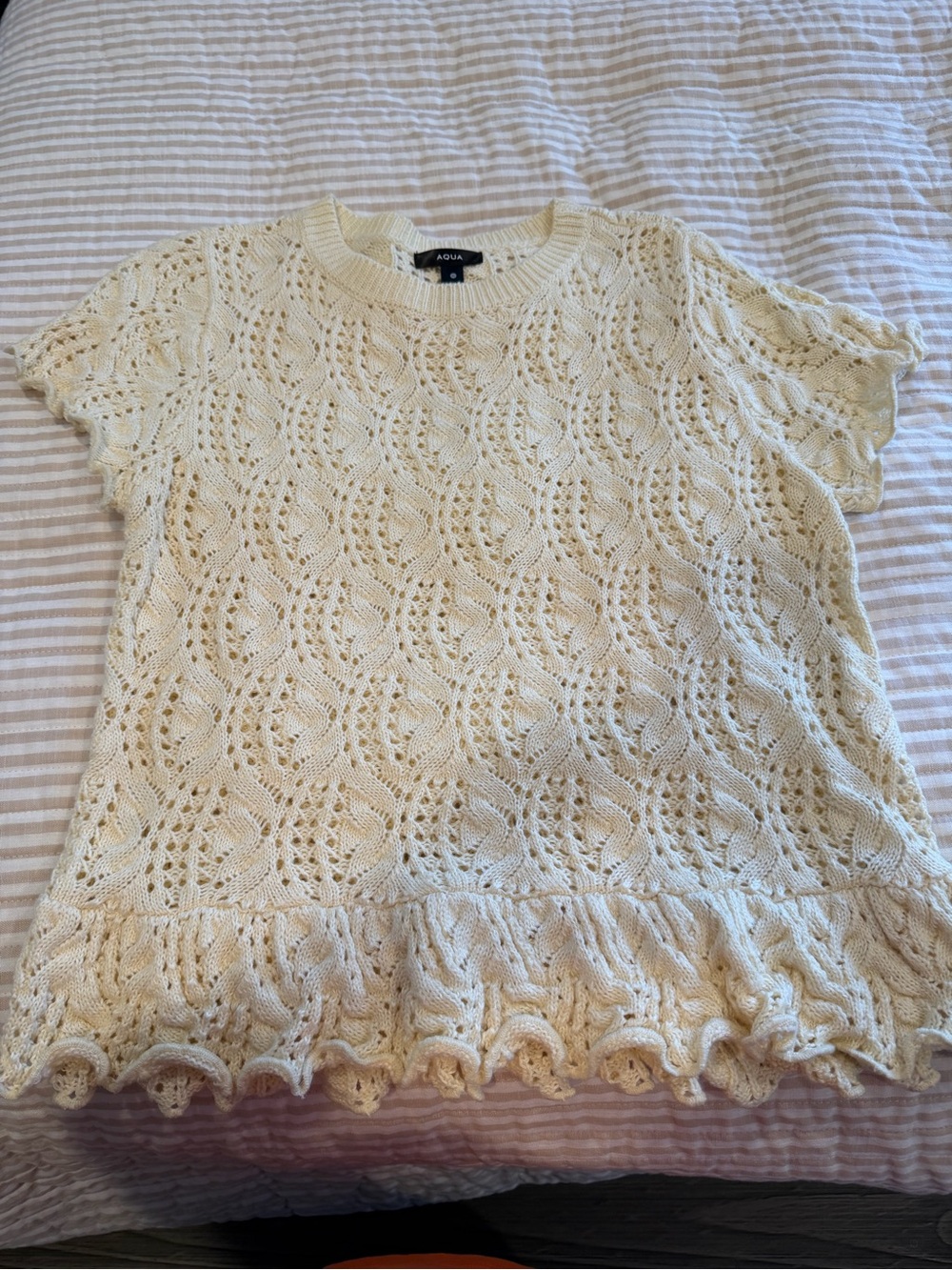 Aqua Cream Knit Short Sleeve Ruffle-Hem Top